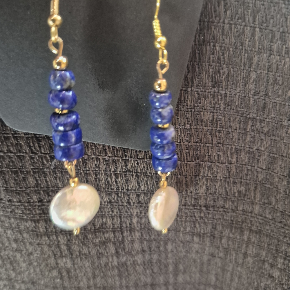 Gold Drop Earrings with Blue Lapis and Pearl Discs